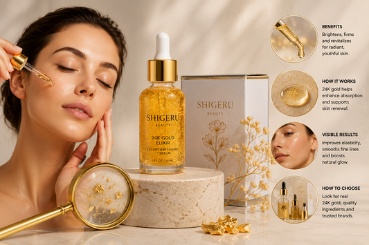 24K Gold Serum for Face by Shigeru Beauty with model applying serum for radiant, glowing skin.