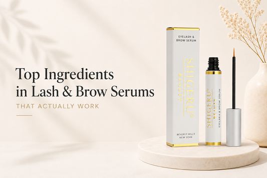 Shigeru Beauty lash and brow serum on a soft beige background with blog title about top ingredients that actually work.