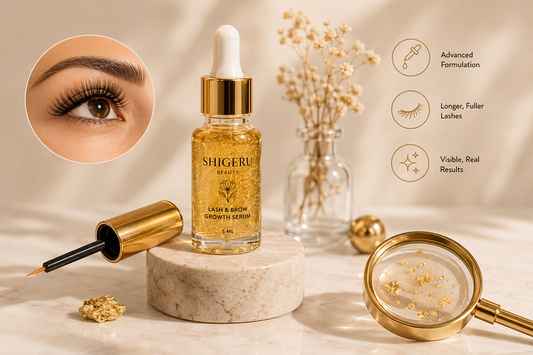 Best Lash Growth Serums comparison featuring Shigeru Lash & Brow Growth Serum with fuller lash close-up and applicator.