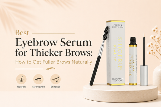 Shigeru Beauty eyebrow serum with applicator and brush on a soft beige background for fuller, naturally thicker brows.
