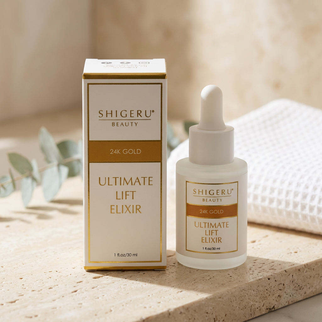 Shigeru Ultimate Lift 24K Gold Elixir box and dropper bottle on a travertine spa ledge