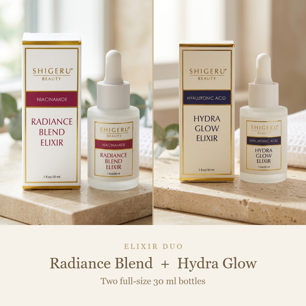 Shigeru Clear Skin Elixir Duo: two bottles, Radiance Blend Niacinamide Elixir and Hydra Glow Hyaluronic Acid Elixir