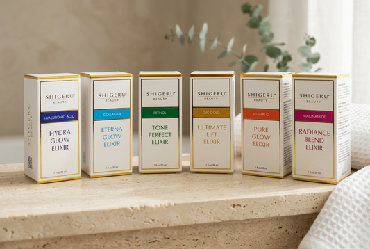 All six Shigeru Skin Elixir boxes lined up on a travertine spa ledge