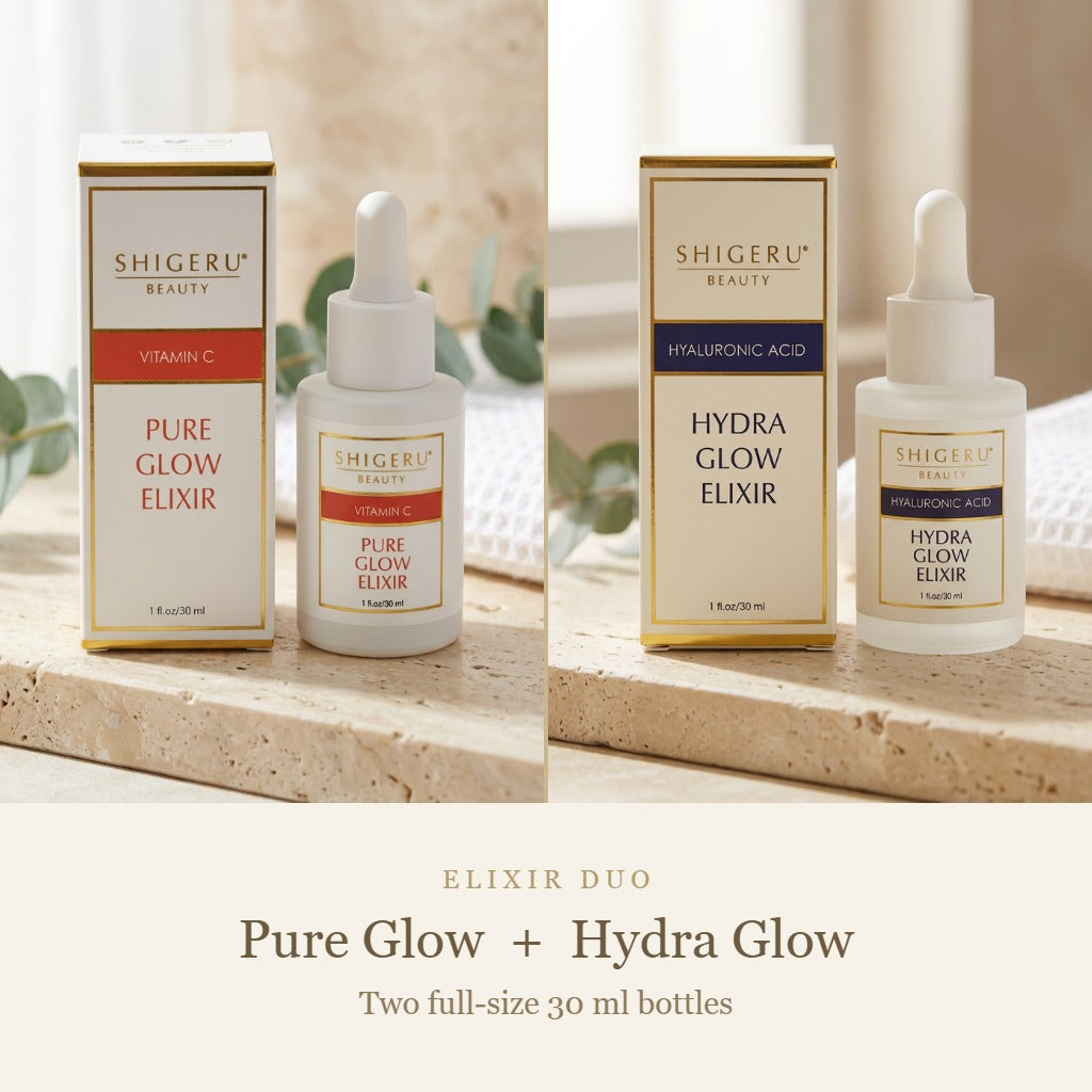 Shigeru Glow Elixir Duo: two bottles, Pure Glow Vitamin C Elixir and Hydra Glow Hyaluronic Acid Elixir
