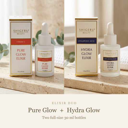Shigeru Glow Elixir Duo: two bottles, Pure Glow Vitamin C Elixir and Hydra Glow Hyaluronic Acid Elixir