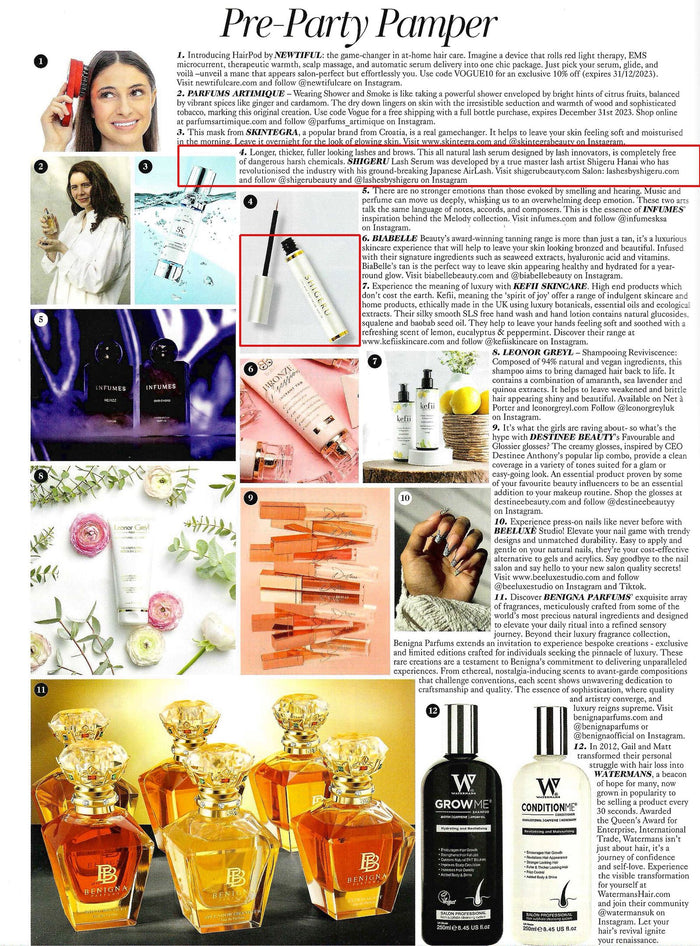 British Vogue December 2023 Pre-Party Pamper page featuring Shigeru Lash Serum