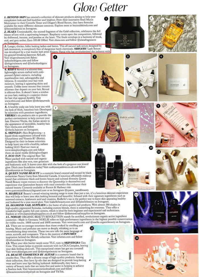 British Vogue January 2024 Glow Getter page featuring Shigeru Lash Serum